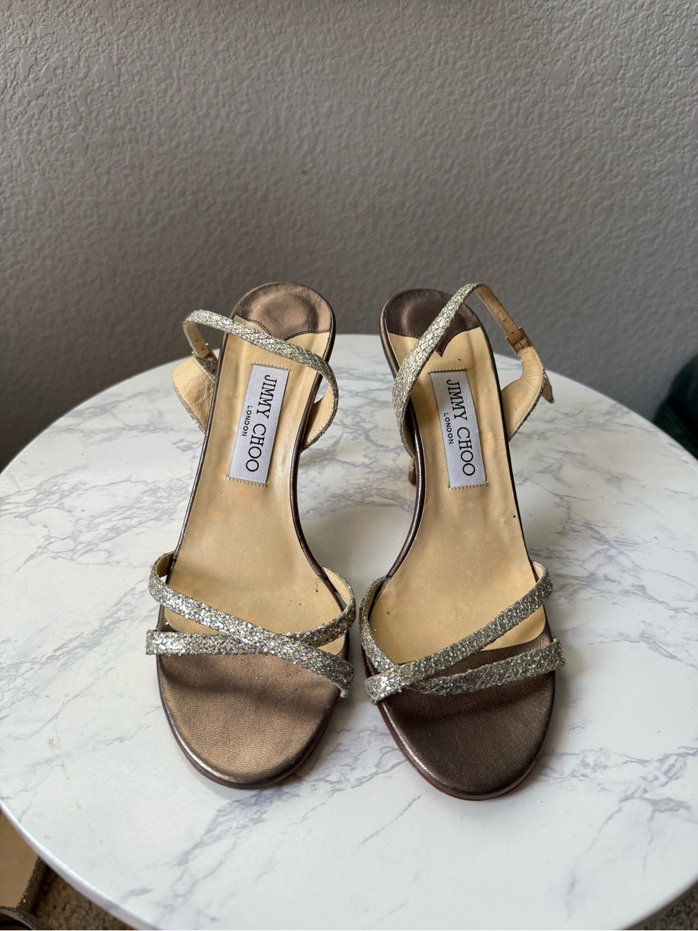 Jimmy Choo Silver Glitter Strappy Heels